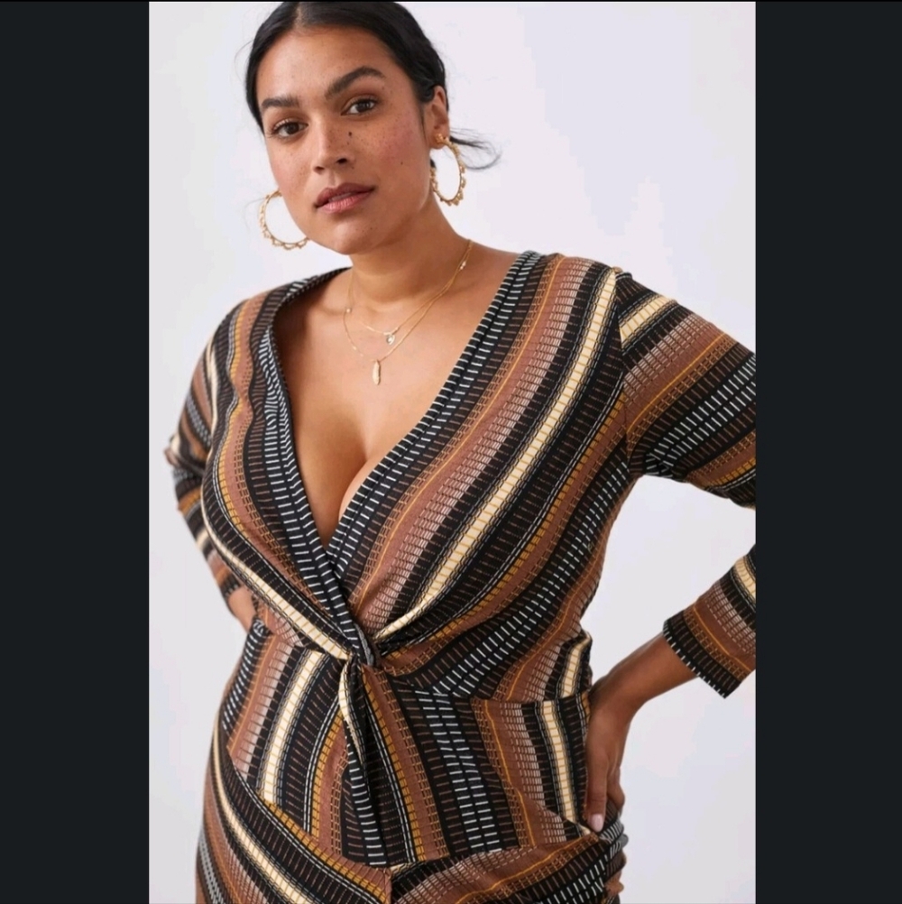 Maeve Striped Midi Dress in Brown, Black, Cream - Picture 2 of 15